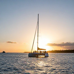 Caribbean Holidays, Jamaica November Tours, Jamaican sunset cruise with guests on a small catamaran, calm Caribbean water, golden sky and coastline in the distance