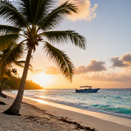 Caribbean Holidays, Jamaica November Tours, Warm Jamaican beach at November sunrise, turquoise sea, palm trees and a small tour boat near the shore