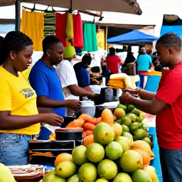 Caribbean Holidays, Jamaica November, Visitors exploring a Jamaican market with colourful fruit, local crafts and friendly vendors