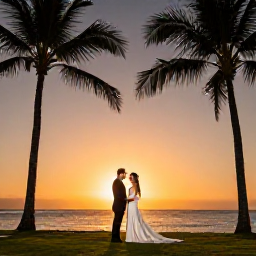 Caribbean Holidays, Jamaica November Weddings, Bride and groom enjoying a romantic Jamaican sunset after their November wedding, palm trees and warm orange sky