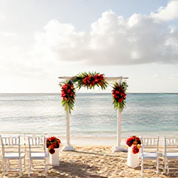 Caribbean Holidays, Jamaica November Weddings, Elegant beach wedding ceremony in Jamaica with white chairs, tropical flowers and calm Caribbean waters