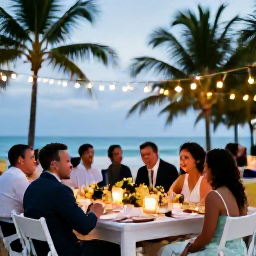 Caribbean Holidays, Jamaica November Weddings, Happy wedding guests sharing a relaxed reception dinner at a Jamaican resort, tropical decorations and string lights
