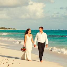 Caribbean Holidays, Jamaica November Weddings, Newly married couple walking along a sunny Jamaican beach in November, turquoise sea and soft golden light