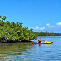 Caribbean Holidays, Jamaica October Adventures, A kayak and paddleboard on calm blue Jamaican water beside a mangrove-lined lagoon
