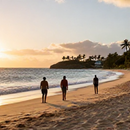 Caribbean Holidays, Jamaica October Adventures, A relaxed Jamaican beach at sunset with travellers returning from an outdoor adventure and warm golden light