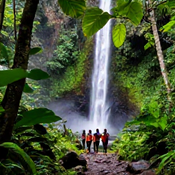 Caribbean Holidays, Jamaica October Adventures, Visitors hiking through lush Jamaican rainforest towards a waterfall, with tropical plants and rocky paths
