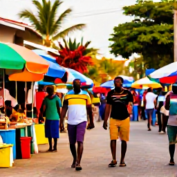 Caribbean Holidays, Jamaica October Holidays, A lively Jamaican street scene in October, with colourful market stalls, local people, tropical plants and warm afternoon light