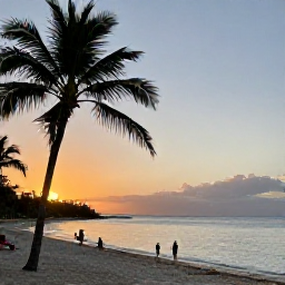 Caribbean Holidays, Jamaica October Holidays, A relaxed Jamaican beach at sunset in October, with palm trees, calm turquoise sea and a small group of holidaymakers