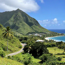 Caribbean Holidays, Jamaica October Holidays, A scenic Jamaican landscape in October showing lush green mountains, a winding road, palm trees and a bright Caribbean coastline