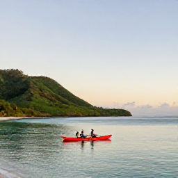 Caribbean Holidays, Jamaica October Tours, A couple kayaking on calm turquoise water beside a Jamaican beach at sunset, with green hills in the background
