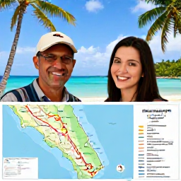 Caribbean Holidays, Jamaica October Tours, A friendly travel guide helping visitors plan a Jamaican tour beside a map, with tropical scenery visible behind them