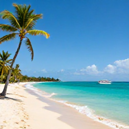 Caribbean Holidays, Jamaica October Tours, A sunny Jamaican coastline in October with turquoise sea, palm trees and a small excursion boat near shore