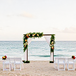 Caribbean Holidays, Jamaica October Weddings, Elegant Jamaican beach wedding set-up in October, white chairs, simple tropical flowers, calm sea and soft evening light