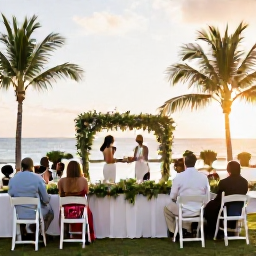 Caribbean Holidays, Jamaica October Weddings, Jamaican wedding guests enjoying a relaxed outdoor reception in October, long tables, tropical greenery and sunset over the coast