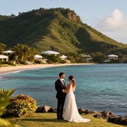 Caribbean Holidays, Jamaica October Weddings, Newly married couple exploring a Jamaican coastline near a resort, lush hills, clear water and warm October sunshine