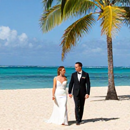 Caribbean Holidays, Jamaica October Weddings, Newlyweds walking along a sunny Jamaican beach at a relaxed October wedding, palm trees and turquoise sea behind them