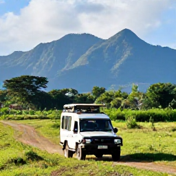 Caribbean Holidays, Jamaica Safari Holidays, A bright January morning on a Jamaican safari, with a comfortable open-sided vehicle travelling through lush green countryside and distant blue mountains