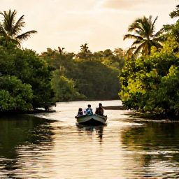 Caribbean Holidays, Jamaica Safari Holidays, A calm Jamaican river safari with a small boat moving through mangroves, tropical foliage and golden afternoon light