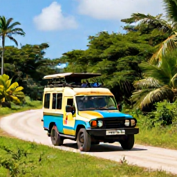 Caribbean Holidays, Jamaica Safari Holidays, A colourful Jamaican safari vehicle travelling through lush green countryside in June sunshine
