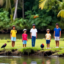 Caribbean Holidays, Jamaica Safari Holidays, A family-friendly Jamaica nature excursion in a lush tropical setting, with visitors wearing comfortable clothing and observing colourful birds near a river