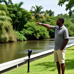 Caribbean Holidays, Jamaica Safari Holidays, A friendly Jamaican guide pointing out birds and wildlife to visitors beside a river in lush tropical countryside