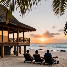 Caribbean Holidays, Jamaica Safari Holidays, A friendly Jamaican safari lodge or beach hotel at sunset, with guests relaxing after an excursion and tropical palms in the foreground