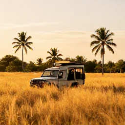 Caribbean Holidays, Jamaica Safari Holidays, A golden Jamaican savannah landscape in April with a safari vehicle, palm trees and warm afternoon light