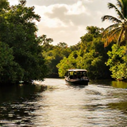 Caribbean Holidays, Jamaica Safari Holidays, A guided safari boat gliding through Jamaica's lush Black River wetlands, with mangroves, tropical greenery and calm water under warm Caribbean sunlight