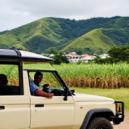 Caribbean Holidays, Jamaica Safari Holidays, A Jamaican countryside safari with a friendly local guide, open-sided vehicle, green hills, sugar cane fields and small rural communities in the background