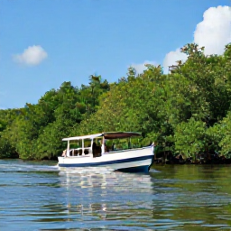 Caribbean Holidays, Jamaica Safari Holidays, A Jamaican safari boat moving along a calm river through green mangroves beneath a sunny blue sky