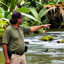 Caribbean Holidays, Jamaica Safari Holidays, A Jamaican wildlife guide pointing out tropical birds and native animals beside a river in a lush forest