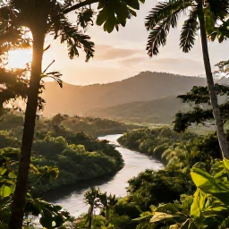 Caribbean Holidays, Jamaica Safari Holidays, A lush Jamaican safari landscape in July, with tropical forest, warm sunlight and a quiet river surrounded by green hills