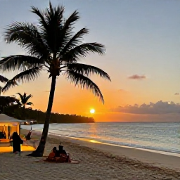 Caribbean Holidays, Jamaica Safari Holidays, A peaceful Jamaican beach at sunset after a day of safari, with palm trees, calm turquoise water and a relaxed festive atmosphere