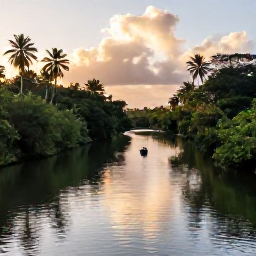 Caribbean Holidays, Jamaica Safari Holidays, A peaceful Jamaican river winding through tropical vegetation, with a small boat and soft September sunshine