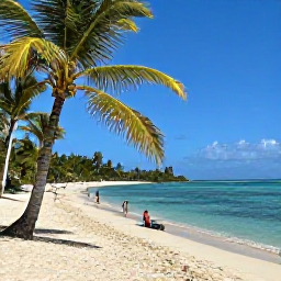 Caribbean Holidays, Jamaica Safari Holidays, A relaxed Jamaican beach near a safari destination, with palm trees, clear turquoise water and a small group of travellers enjoying the shore