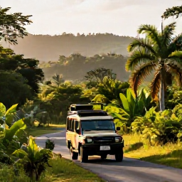 Caribbean Holidays, Jamaica Safari Holidays, A safari vehicle travelling through lush Jamaican countryside in September, with tropical greenery, warm light and distant hills