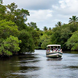 Caribbean Holidays, Jamaica Safari Holidays, A small safari boat passing through the Black River in Jamaica, surrounded by mangrove trees, reeds and tropical vegetation, with visitors observing wildlife