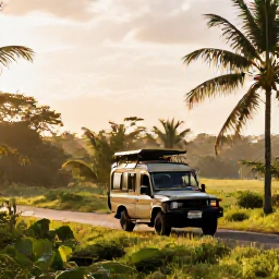 Caribbean Holidays, Jamaica Safari Holidays, A warm December morning on a Jamaican safari, with a guided 4x4 vehicle travelling through lush green countryside and palm trees