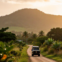 Caribbean Holidays, Jamaica Safari Holidays, A warm March morning in Jamaica with lush green hills, tropical vegetation and a safari jeep on a country track