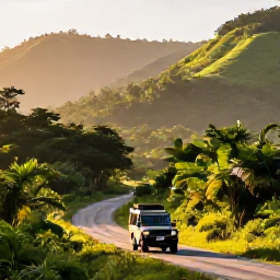 Caribbean Holidays, Jamaica Safari Holidays, A warm May morning in Jamaica with lush green hills, tropical foliage and a safari vehicle on a scenic track