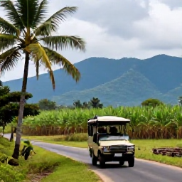 Caribbean Holidays, Jamaica Safari Holidays, An open safari jeep travelling through Jamaican countryside with palm trees, sugar cane fields and distant blue mountains