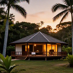 Caribbean Holidays, Jamaica Safari Holidays, Comfortable Jamaican holiday lodge near tropical forest at sunset, suitable for safari travellers