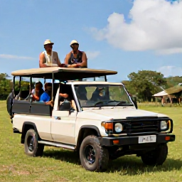 Caribbean Holidays, Jamaica Safari Holidays, Friendly Jamaican safari guide speaking with travellers beside an open safari vehicle in a sunny green landscape