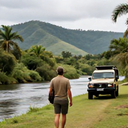 Caribbean Holidays, Jamaica Safari Holidays, Friendly local guide leading visitors through Jamaican countryside near a river, with a safari jeep and tropical hills in the background