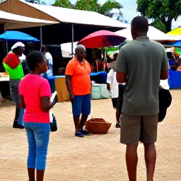 Caribbean Holidays, Jamaica Safari Holidays, Friendly local Jamaican guide speaking with visitors at a countryside market near a safari destination