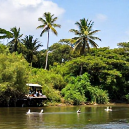 Caribbean Holidays, Jamaica Safari Holidays, Guided safari excursion beside a Jamaican river, with visitors watching birds and wildlife among tropical vegetation