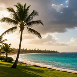 Caribbean Holidays, Jamaica Safari Holidays, Jamaican coastal town and turquoise sea after a light tropical shower, with palm trees and warm afternoon sunlight