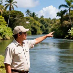 Caribbean Holidays, Jamaica Safari Holidays, Jamaican safari guide pointing out tropical wildlife and plants beside a river
