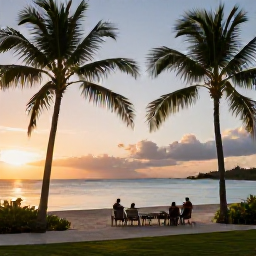 Caribbean Holidays, Jamaica Safari Holidays, Relaxed Jamaican beach resort at sunset with palm trees, calm sea and guests enjoying a peaceful October holiday