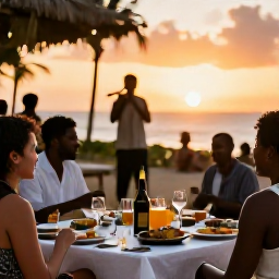 Caribbean Holidays, Jamaica Safari Holidays, Travellers enjoying a relaxed Jamaican evening after a safari, with local food, live music and a warm sunset atmosphere